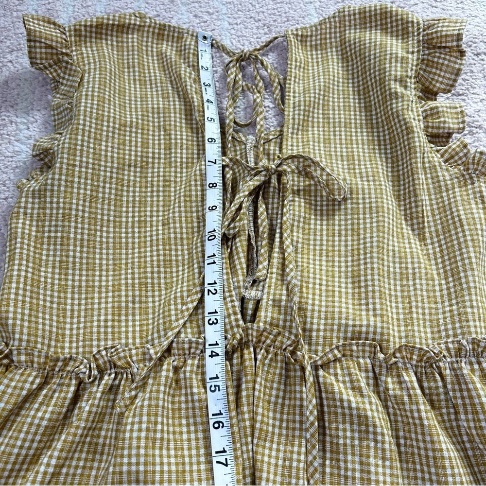 &Merci Mustard Gingham Plaid Babydoll Top Open Tie Back Ruffle Sleeves Small - Picture 9 of 12